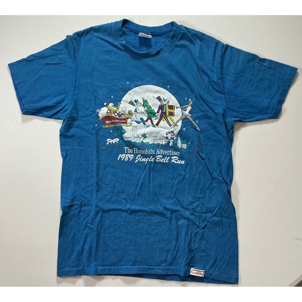 VTG 80s Christmas Hawaii Santa Clause Crazy Shirts T Shirt M Blue 1989 Promo